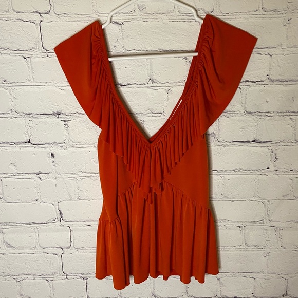 Zara Orange Ruffle V-Neck Blouse - Picture 4 of 8